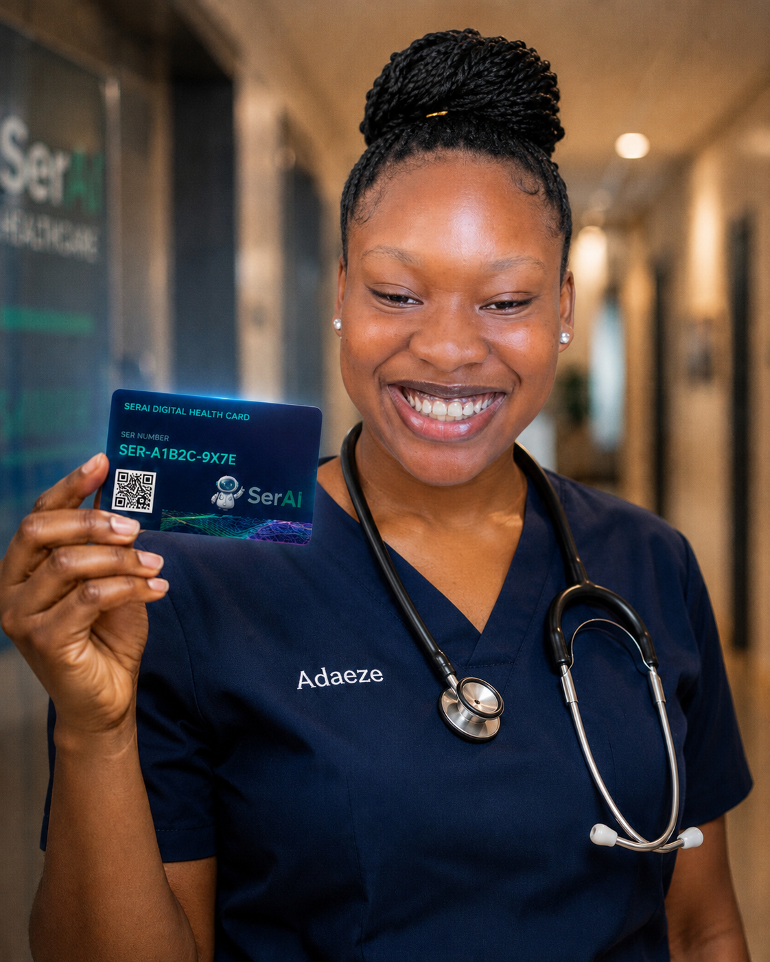 Nurse Adaeze holding the SerAI Universal Health ID card