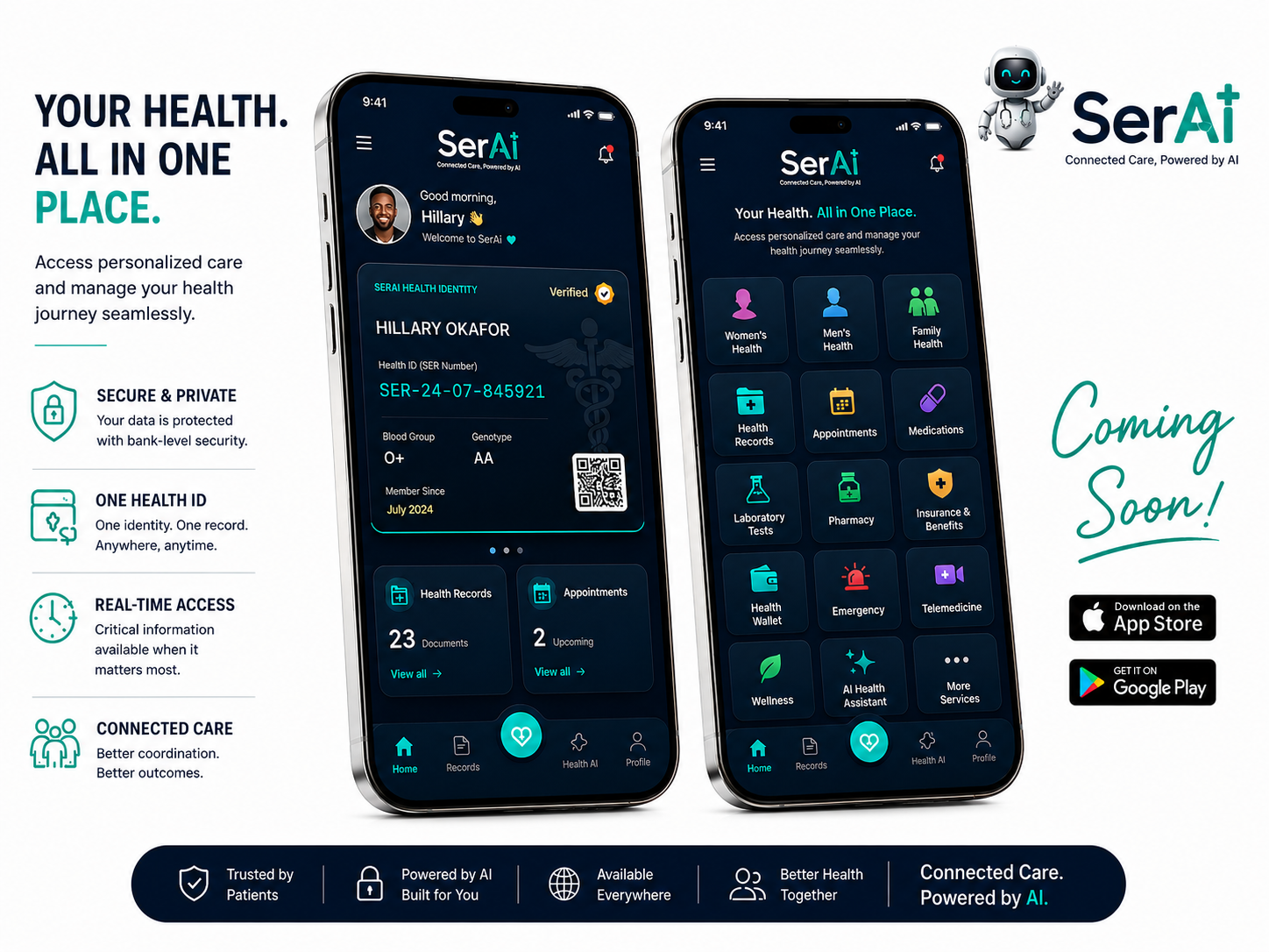 SerAI health super-app showing the home screen and health services on two phones